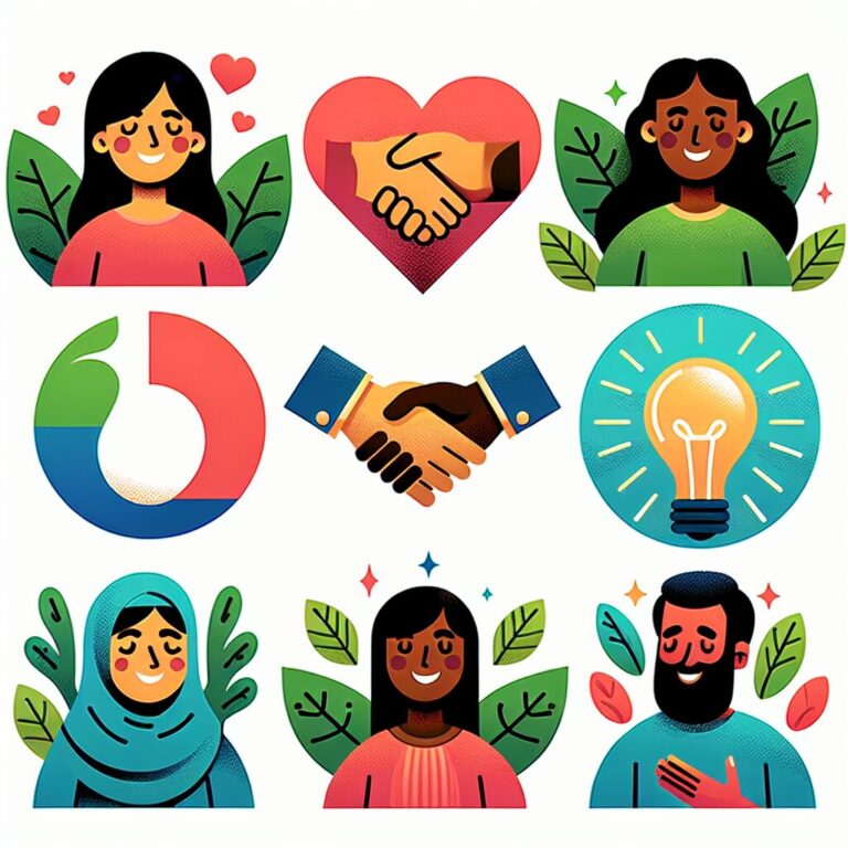 Ilustraciones de diversidad y colaboración.