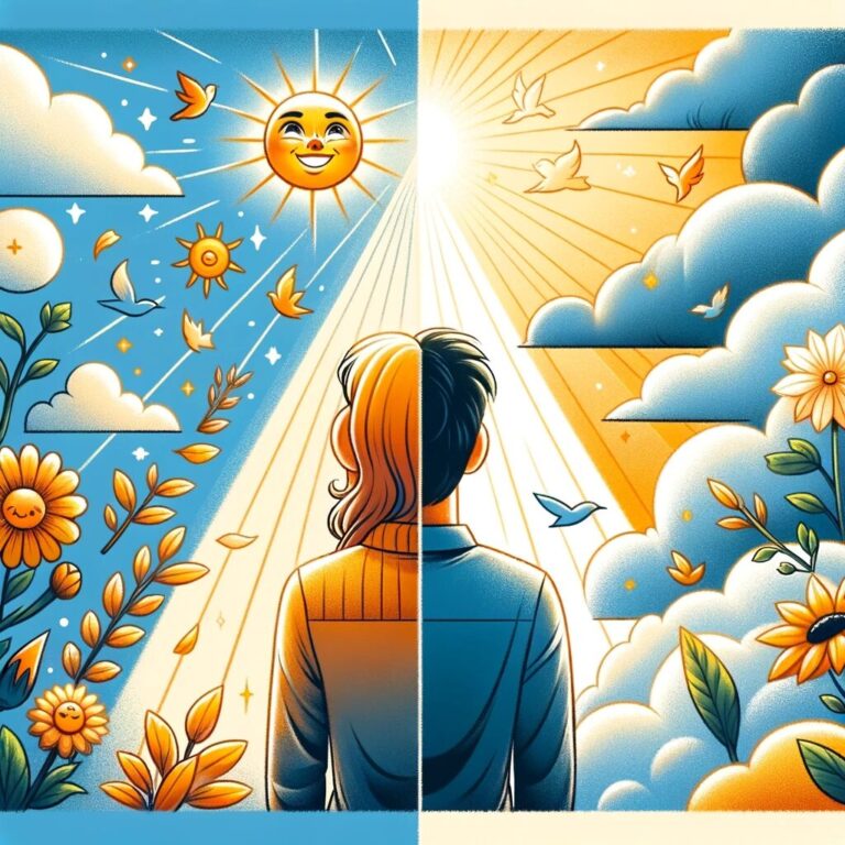 Ilustración persona mirando amanecer estilizado.