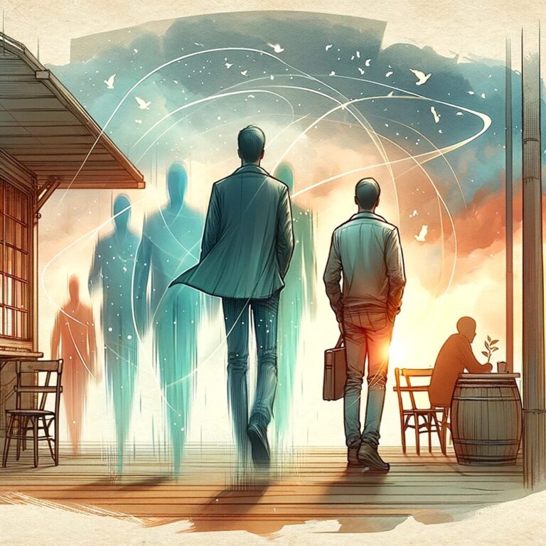 Ilustración de personas y espectros urbanos.