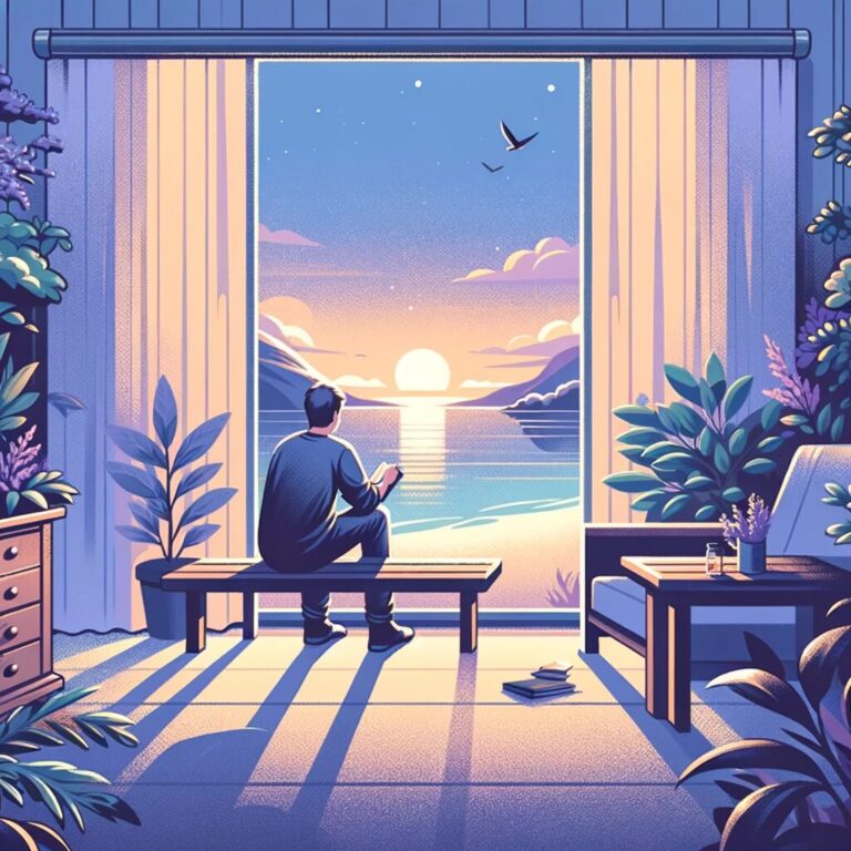 Persona disfrutando atardecer tranquilo en balcón.