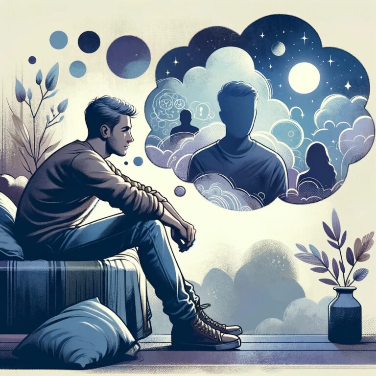 Ilustración reflexiva de hombre con pensamientos proyectados.