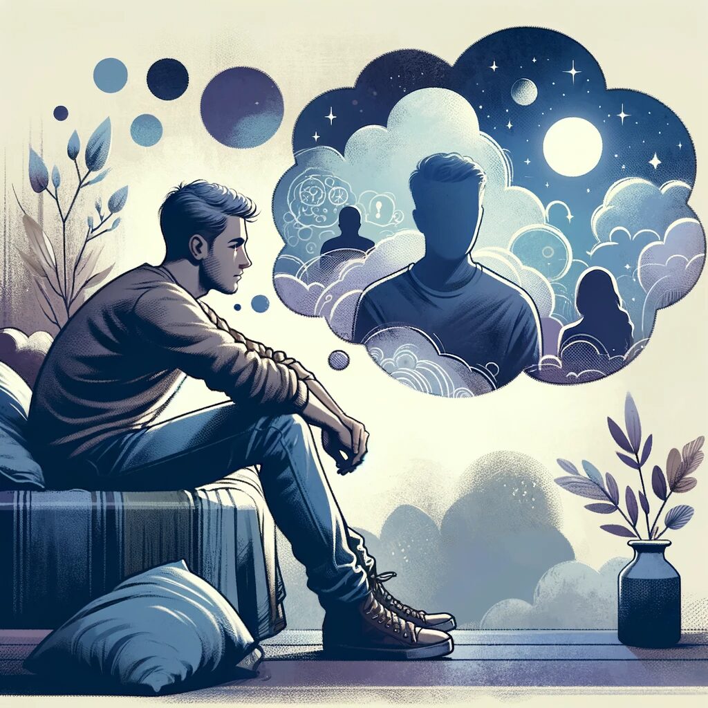 Ilustración reflexiva de hombre con pensamientos proyectados.
