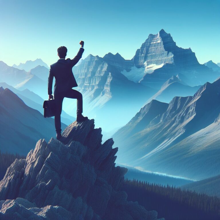 Empresario triunfante sobre montaña.