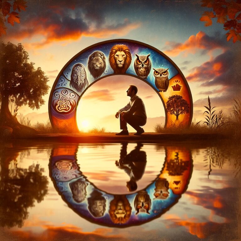 Hombre reflexiona junto a rueda de zodiaco artística.