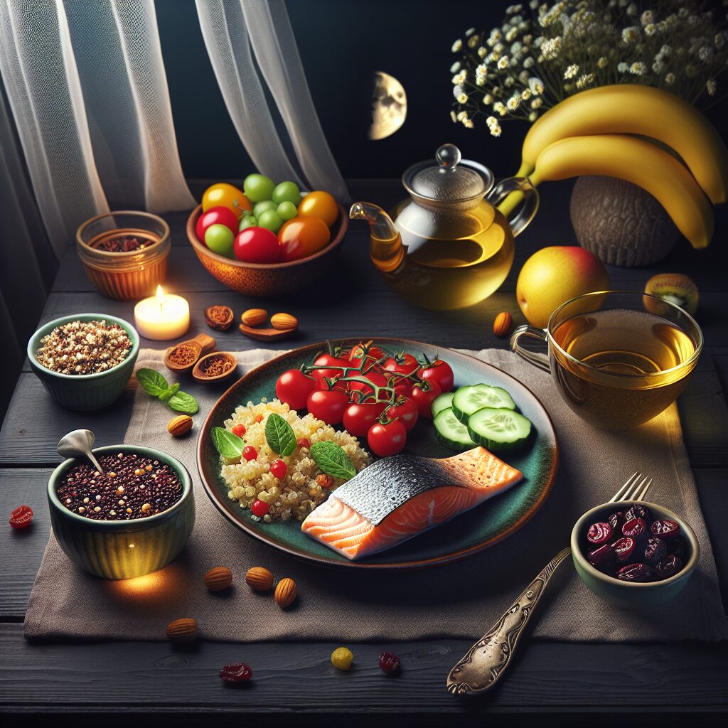 Mesa con comida saludable y té.