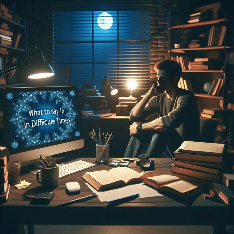 Hombre pensativo en estudio nocturno con libros.