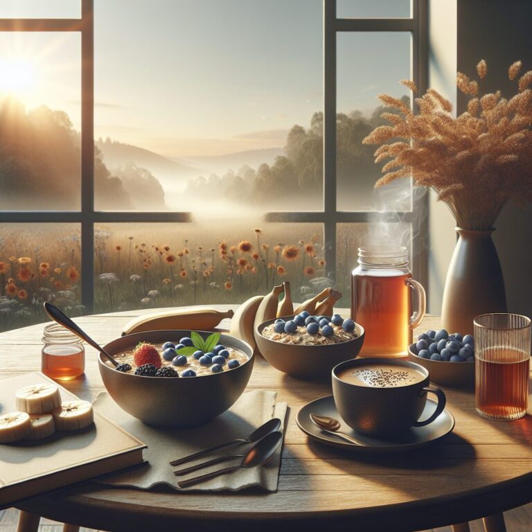 Desayuno saludable con vista a amanecer campestre.