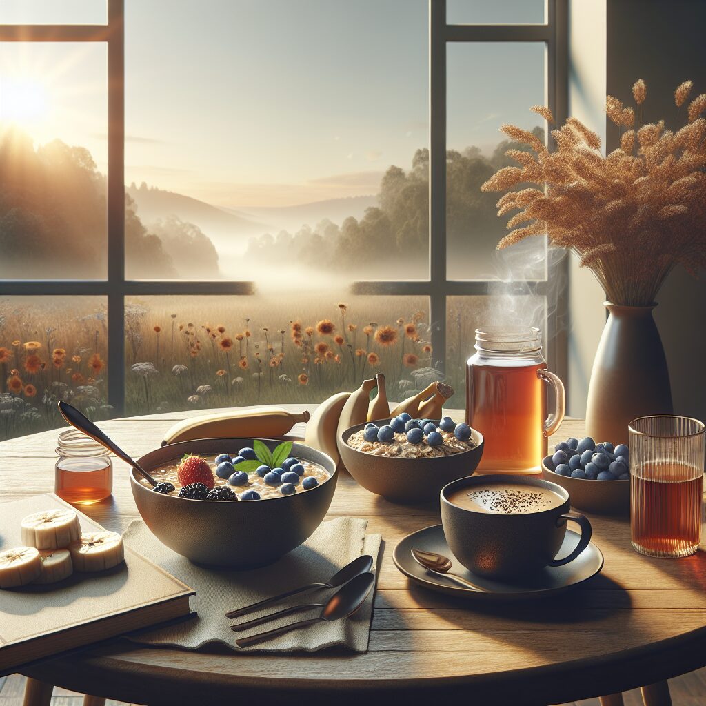 Desayuno saludable con vista a amanecer campestre.