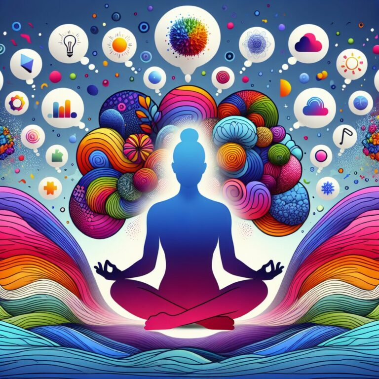 Ilustración colorida de meditación y chakras.