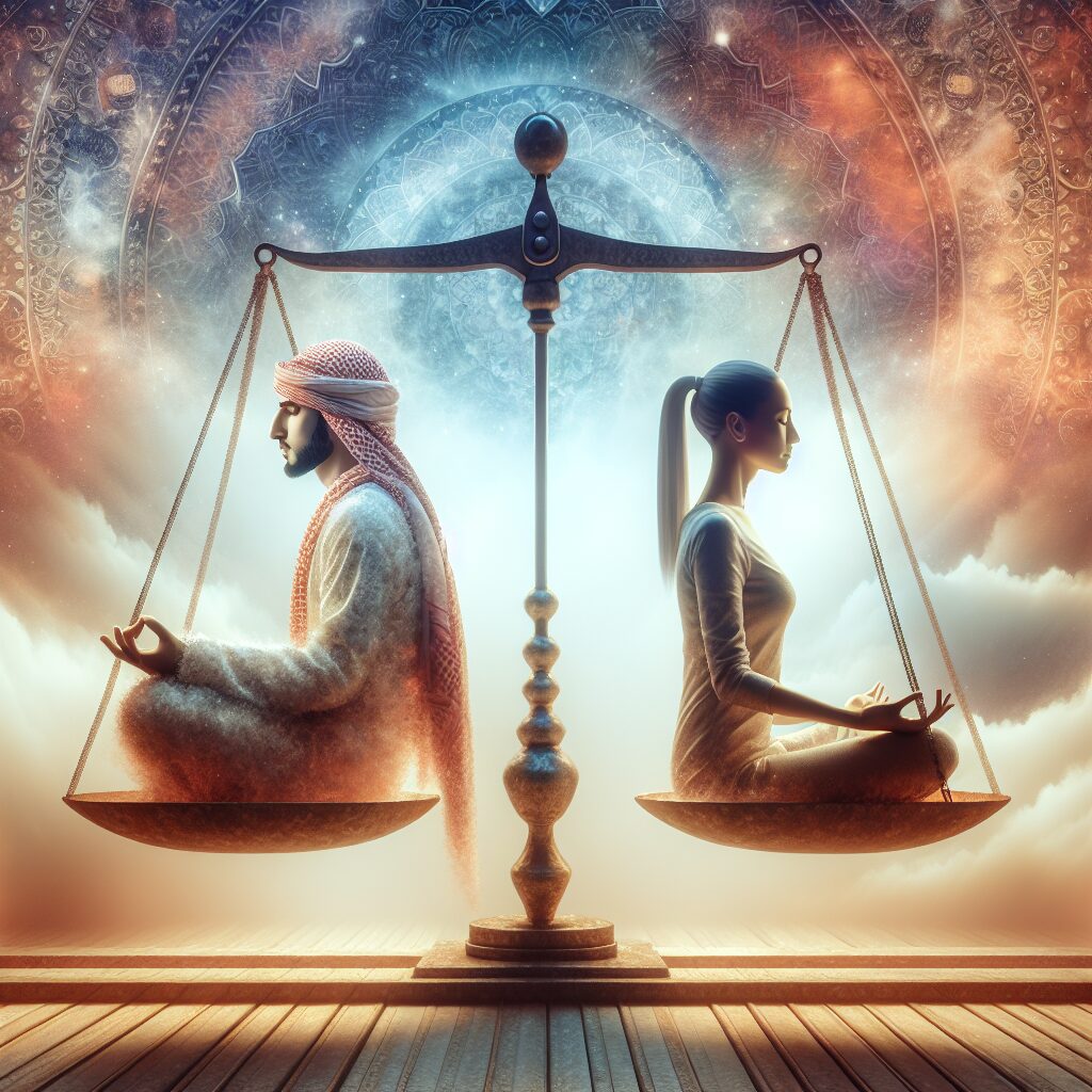 Balanza simétrica con personas meditando.