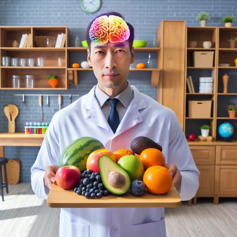 Nutricionista con frutas y cerebro coloreado.