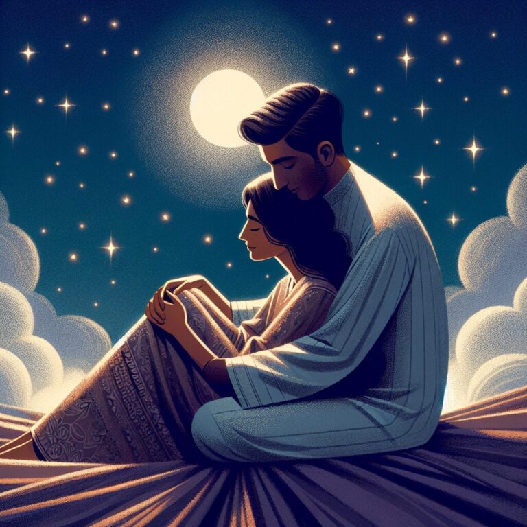Pareja abrazada bajo luna estrellada.