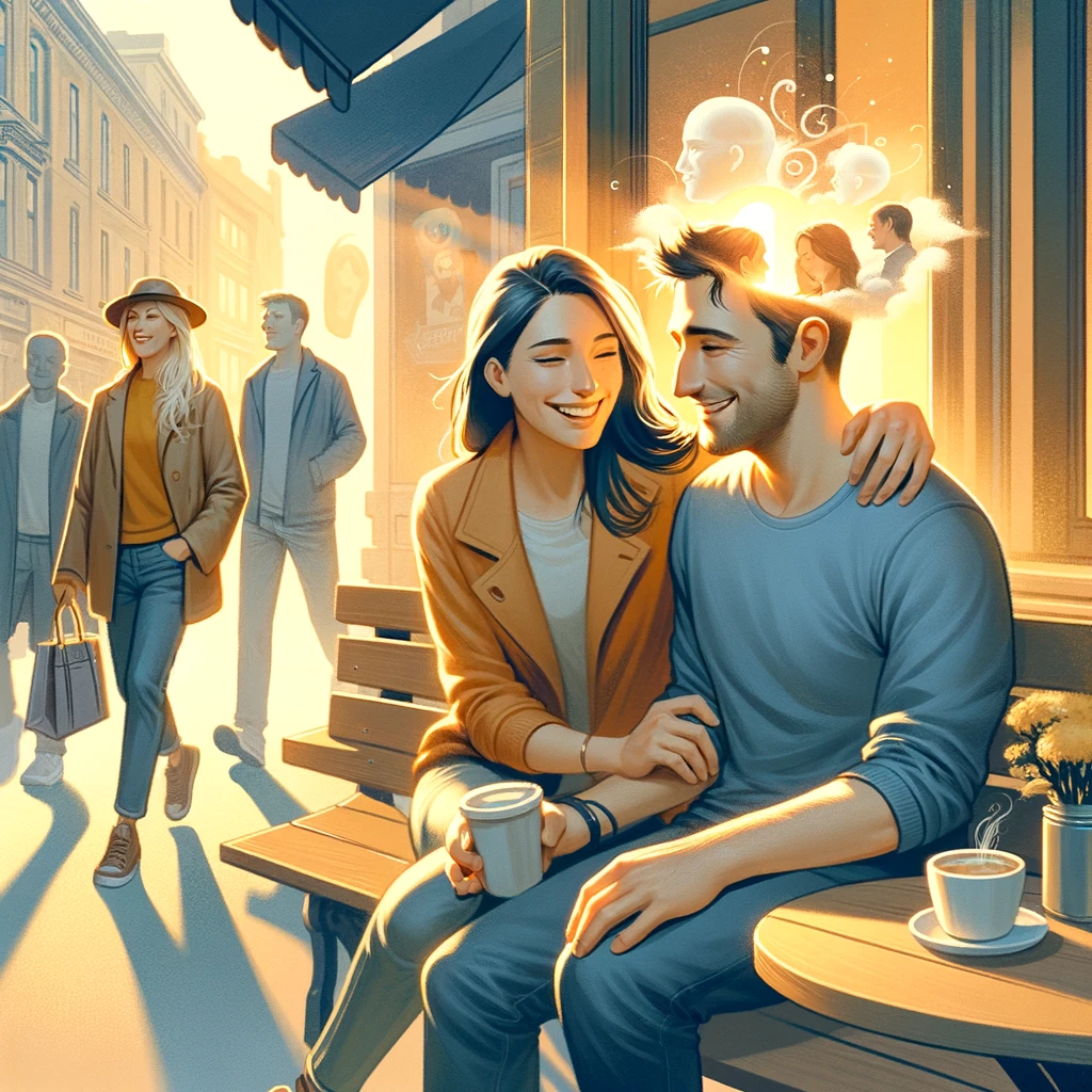 Pareja sonriente disfrutando café en ciudad soleada.