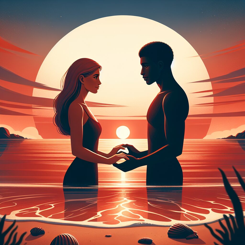 Pareja, puesta de sol, playa, ilustración amorosa.