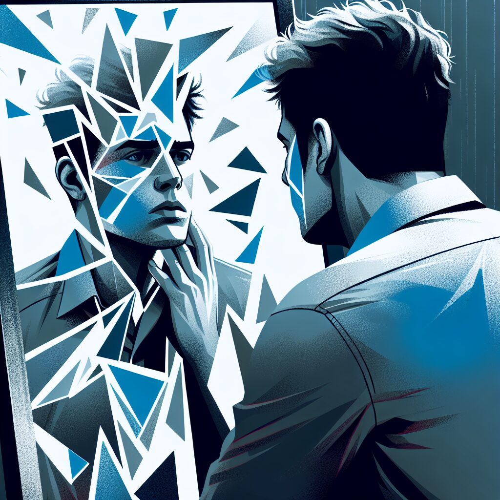 Hombre reflejado en espejo fracturado, ilustración artística.