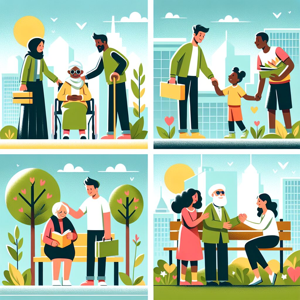 Ilustraciones de actos bondadosos y solidaridad.