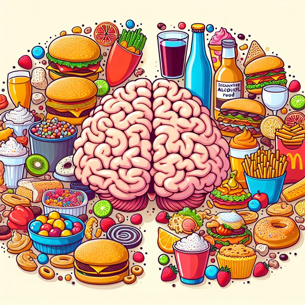 Cerebro rodeado de comida chatarra y bebidas.